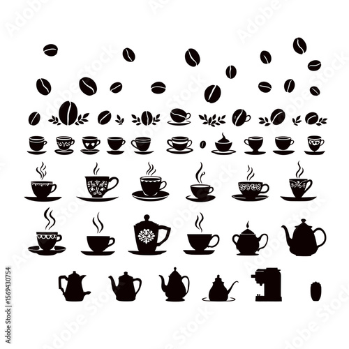 Title: Collection of Coffee-Themed Black Silhouettes Including Beans, Mugs, Steaming Cups, Pots, and Coffee Makers in Flat Style