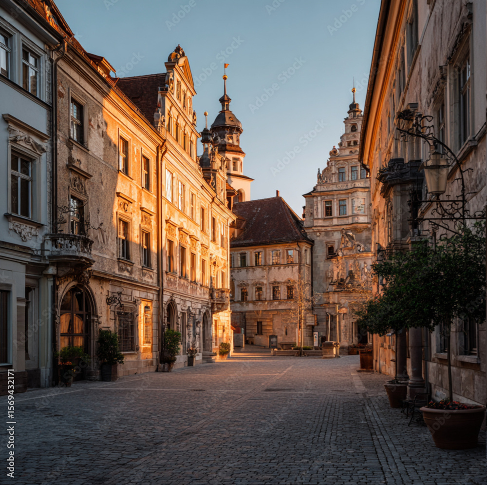 Naklejka premium photo of the old town center on the golden hour of a sunny day without people