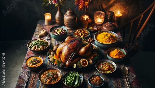Traditional Thanksgiving Feast with Roasted Turkey and Autumn Harvest Sides 8K Resolution