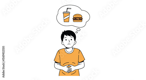 Young person imagining fast food meal while feeling hungry and holding stomach
