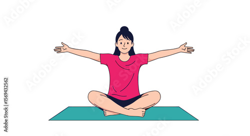 Young woman practicing yoga sitting on mat with arms extended outwards performing lotus pose