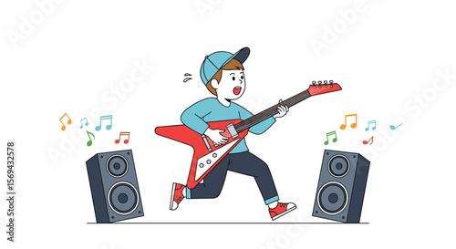 Young musician energetically playing electric guitar with speakers and musical notes