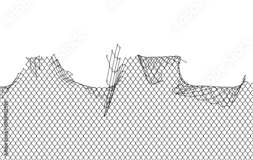 A broken wire mesh fence with a large torn hole and bent wires, symbolizing damage, decay, and vulnerability in urban or industrial settings.