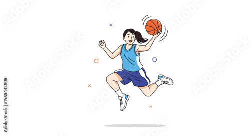 Energetic young athlete plays basketball during fast-paced game action