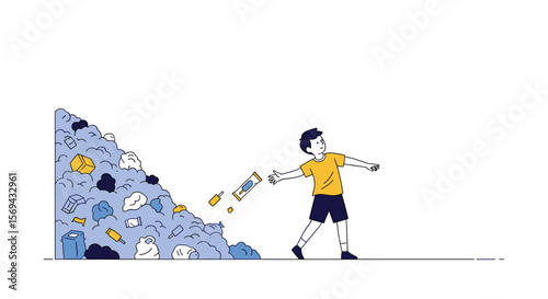 Child tossing trash into overfilled dumpster causing waste overflow illustration