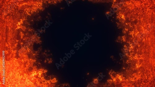 Abstract glowing fiery frame with a dark center, resembling a digital energy portal or a burning vortex