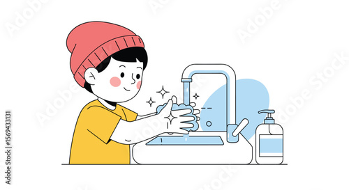 A healthy habit for children washing hands under running water with soap dispenser
