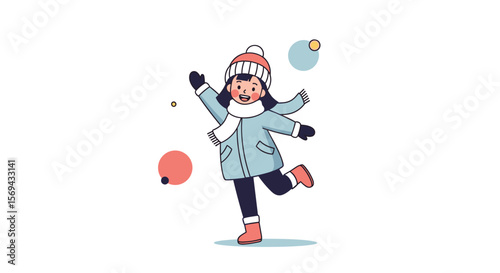 Joyful winter celebration with a young girl in festive attire enjoying outdoor activities