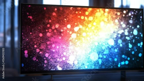 Modern flat-screen TV with vibrant rainbow bokeh display