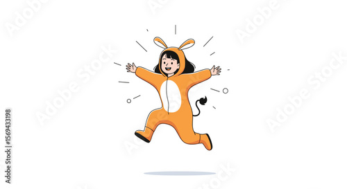 Joyful child in adorable animal costume celebrates with exuberant leap and bright energy
