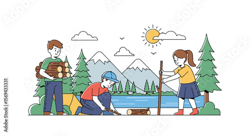 Family enjoying camping adventure outdoors near lake and mountains together