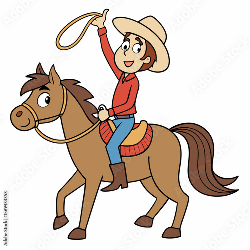 Cheerful cowboy riding brown horse with lasso cartoon