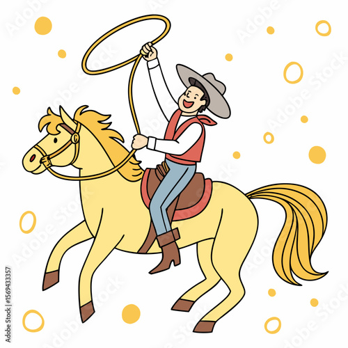 Cheerful cowboy lassoing on yellow horse rodeo western