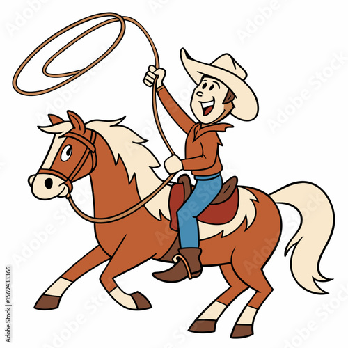 Cheerful cowboy riding horse with lasso western
