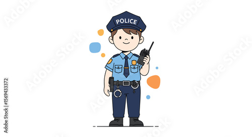 Friendly cartoon police officer illustration communicating securely with radio equipment