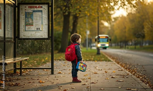 A young child waiting at a bus stop on a fall day