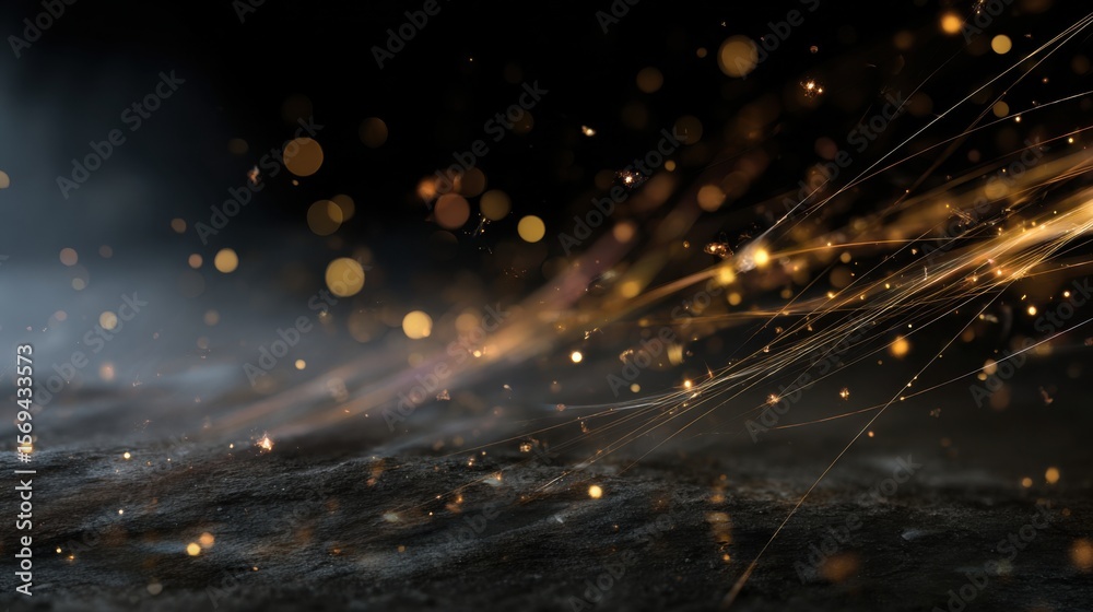 Fototapeta premium Dynamic light sparks and glittering dust abstract background digital art dark environment close-up vivid imagery