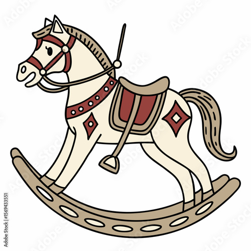 Cream rocking horse ornament with red and brown accents vintage antique