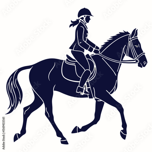 Dark blue horse and rider silhouette in motion equestrian riding