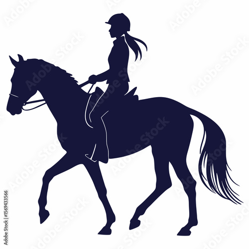 Dark blue silhouette of a horse and rider in motion equestrian riding