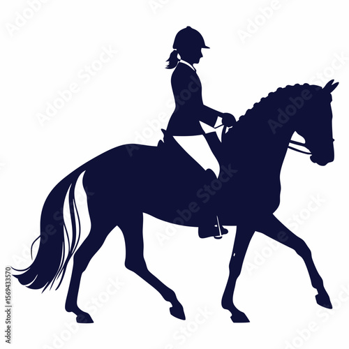 Dark blue silhouette of a horse and rider in motion equestrian