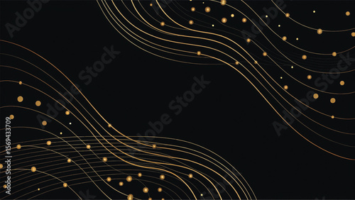 Abstract black and white background with swirling lines, metallic circles, and a futuristic light pattern