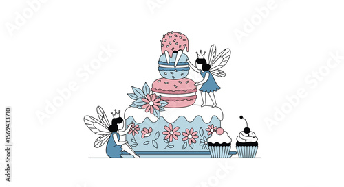 Whimsical fairy tale wedding celebration cake with cupcakes and floral decorations for enchanting parties