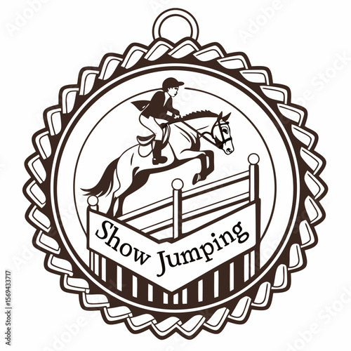 Equestrian rider jumping horse over obstacle medal design show jumping