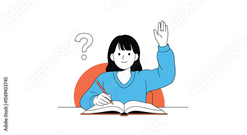 Student raising hand and asking questions while studying actively