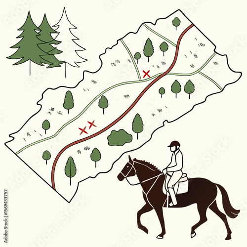 Equestrian trail map with trees and markers horse rider