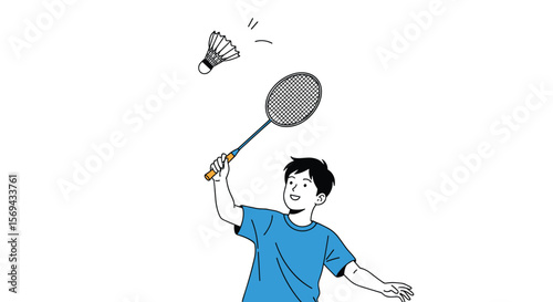 Young boy playing badminton enjoying a fun outdoor sport with a shuttlecock and racket