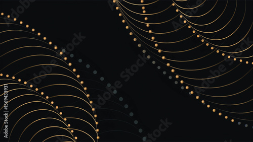 Abstract black and white background with swirling lines, metallic circles, and a futuristic light pattern