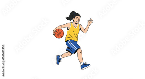 Young woman playing basketball energetically on a white background