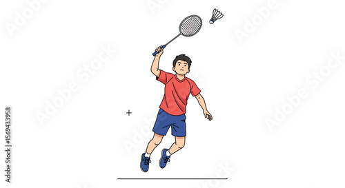 Young athlete powerfully smashing a shuttlecock during a competitive badminton match playing actively