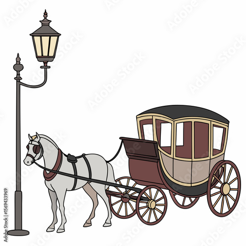 Horse drawn carriage with street lamp vintage transportation
