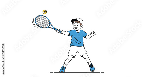Young boy practicing tennis swing with racket and ball on white background