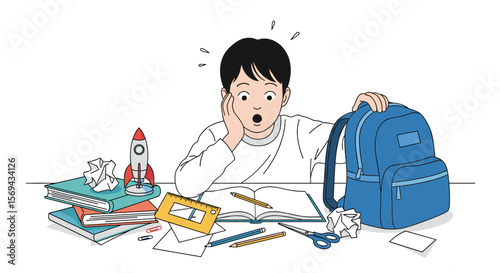 An overwhelmed student stares at a desk full of school supplies and a backpack