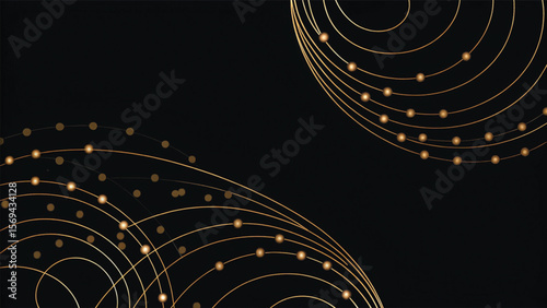 Abstract black and white background with swirling lines, metallic circles, and a futuristic light pattern