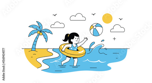 Young girl with yellow inflatable ring enjoys summer beach vacation splashing in ocean waves
