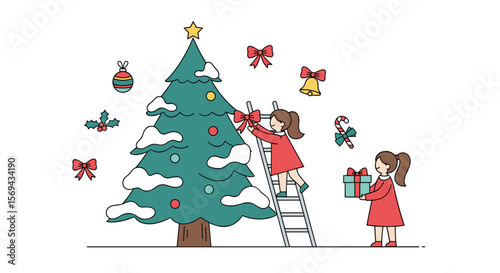 Children decorating a snowy christmas tree with ornaments and presents for the holidays