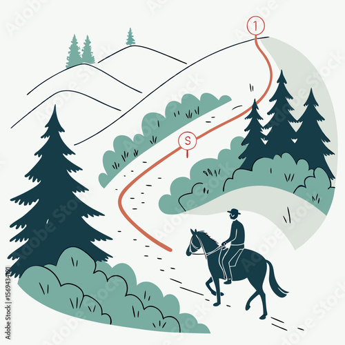 Horse rider on scenic trail with destination markers horse riding trail map