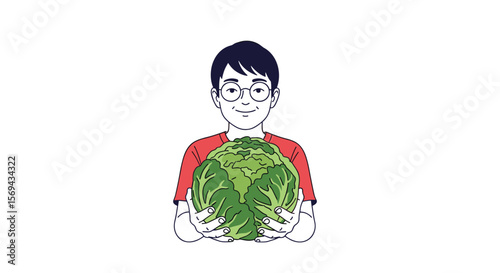 Young person holding large fresh green cabbage healthy eating lifestyle concept illustration