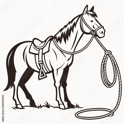 Lassoed horse with saddle and rope bridle