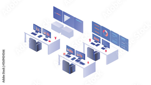 Isometric view of a data analysis center with multiple workstations and large display screens showing data