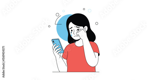 Young woman crying while looking at her smartphone feeling sadness and loneliness