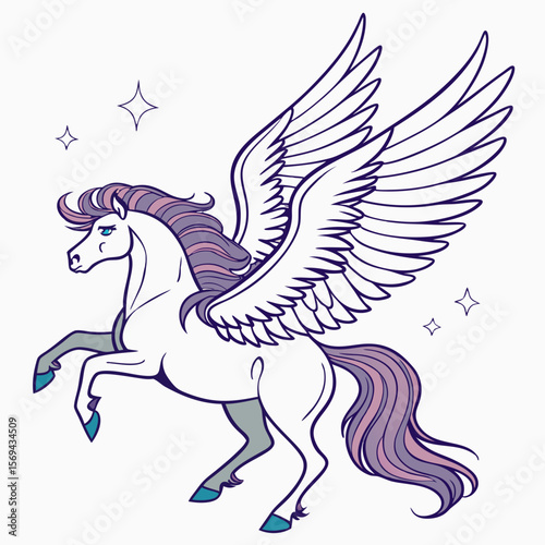 Mythical winged horse with purple mane and tail pegasus creature