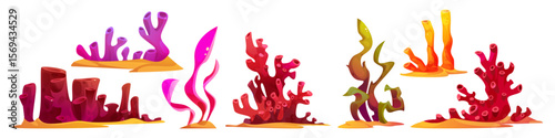 Cartoon seabed elements - colorful coral formations on sandy ocean floor, underwater plants and wavy seaweed. Exotic marine scenery collection for aquarium games or ocean themed illustrations.