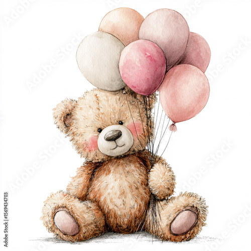  Cute teddy bear holding a bunch of pink balloons. Adorable hand-drawn watercolor illustration for a birthday or baby shower.
