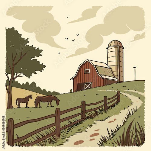 Rustic farm scene with horses and silo ranch barn