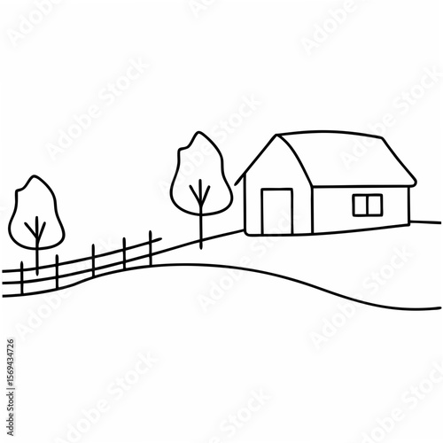 Rustic ranch scene with trees and fence house barn